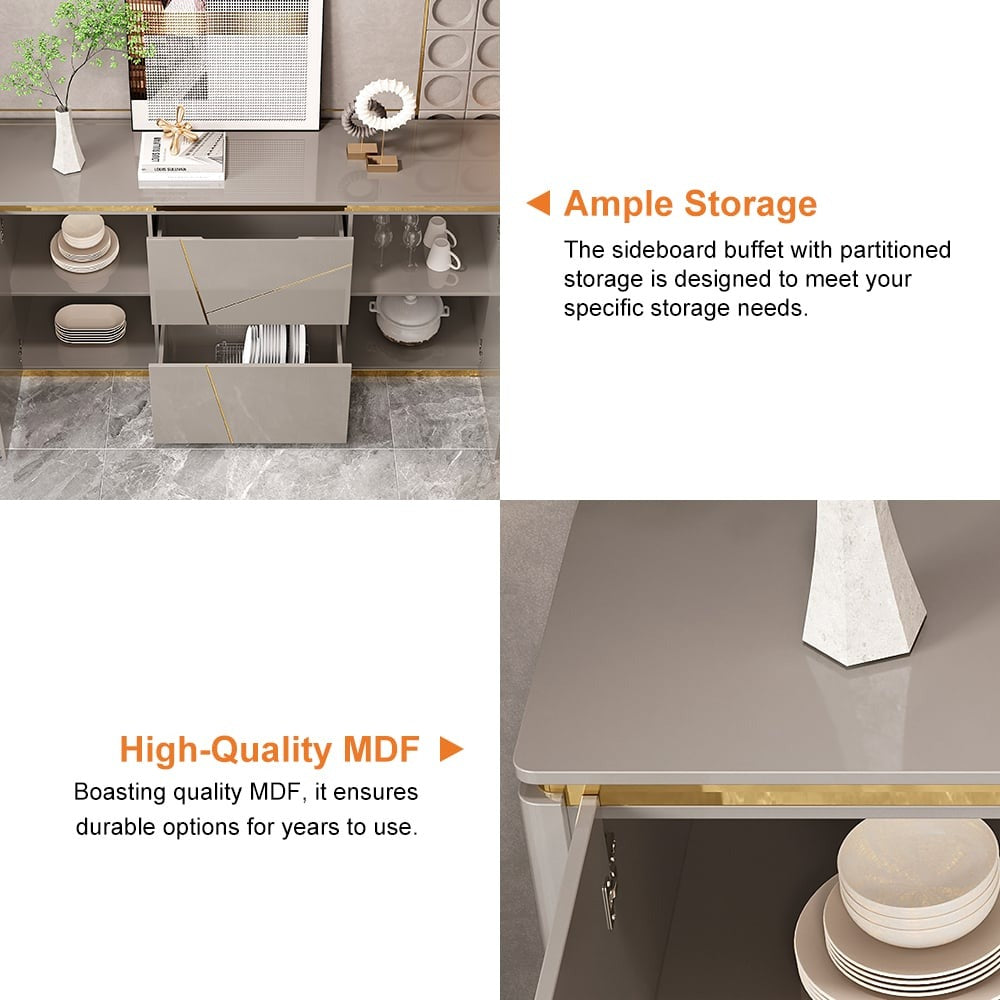 Sideboard in grey, crafted from high-quality board with PU paint finish, shown with open doors and drawers revealing spacious storage compartments and shelves.
