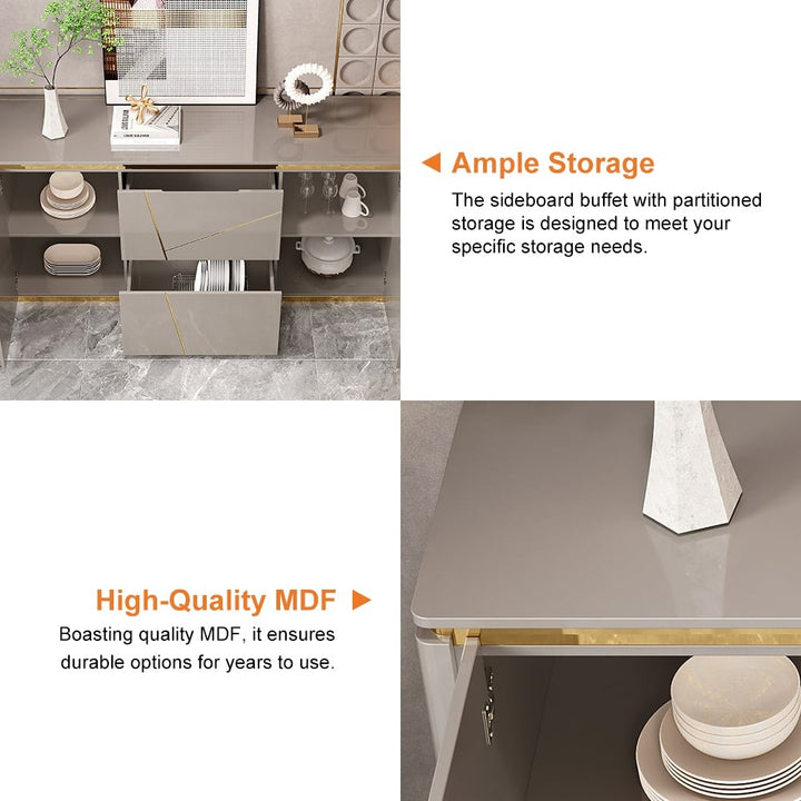 Sideboard in grey, crafted from high-quality board with PU paint finish, shown with open doors and drawers revealing spacious storage compartments and shelves.