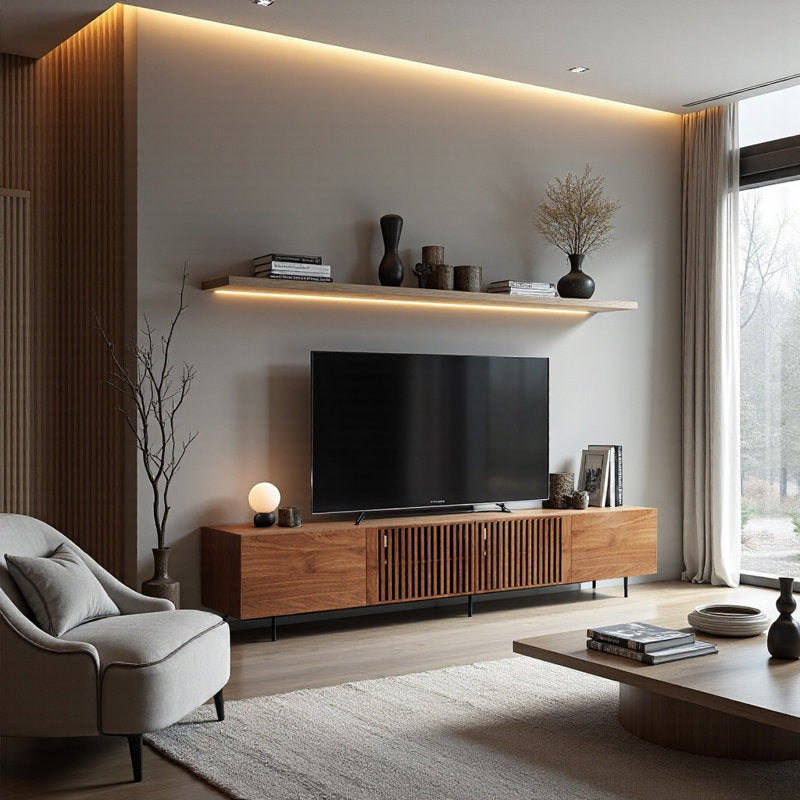 Modern brown tv stand in a modern living room