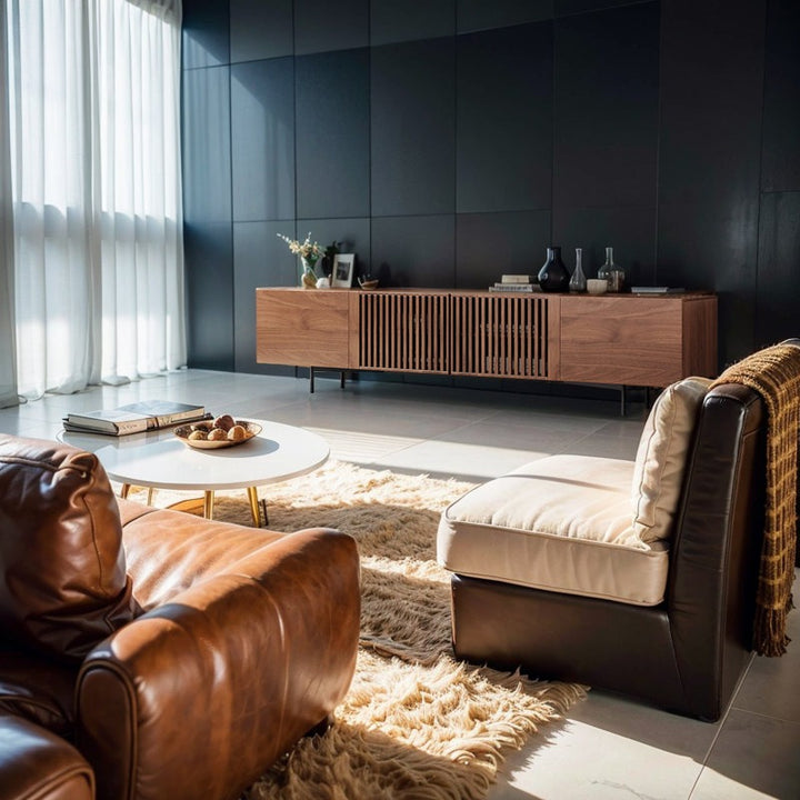 Modern tv stand with four spacious cabinets and six hidden compartments.