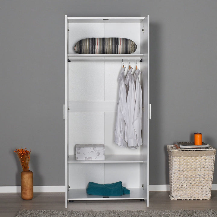 MOdular white wardrobe with open doors to show internal space