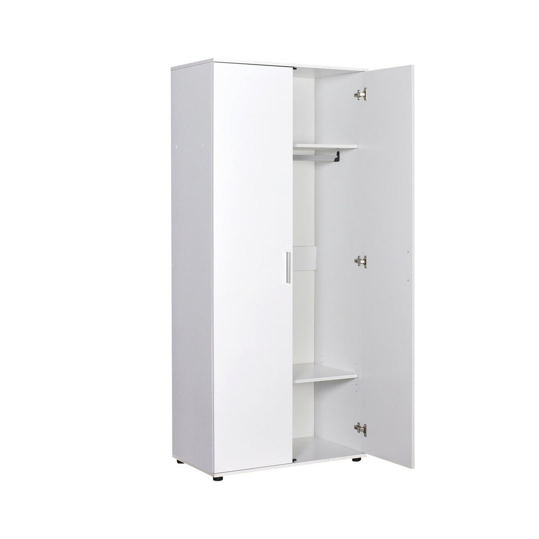 White wardrobe design for small bedroom with open doors on a white background
