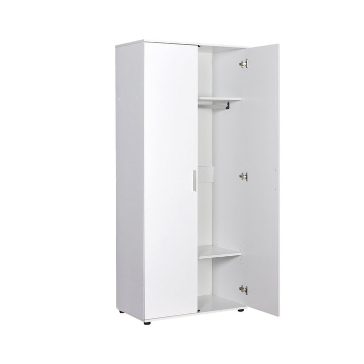 White wardrobe design for small bedroom with open doors on a white background