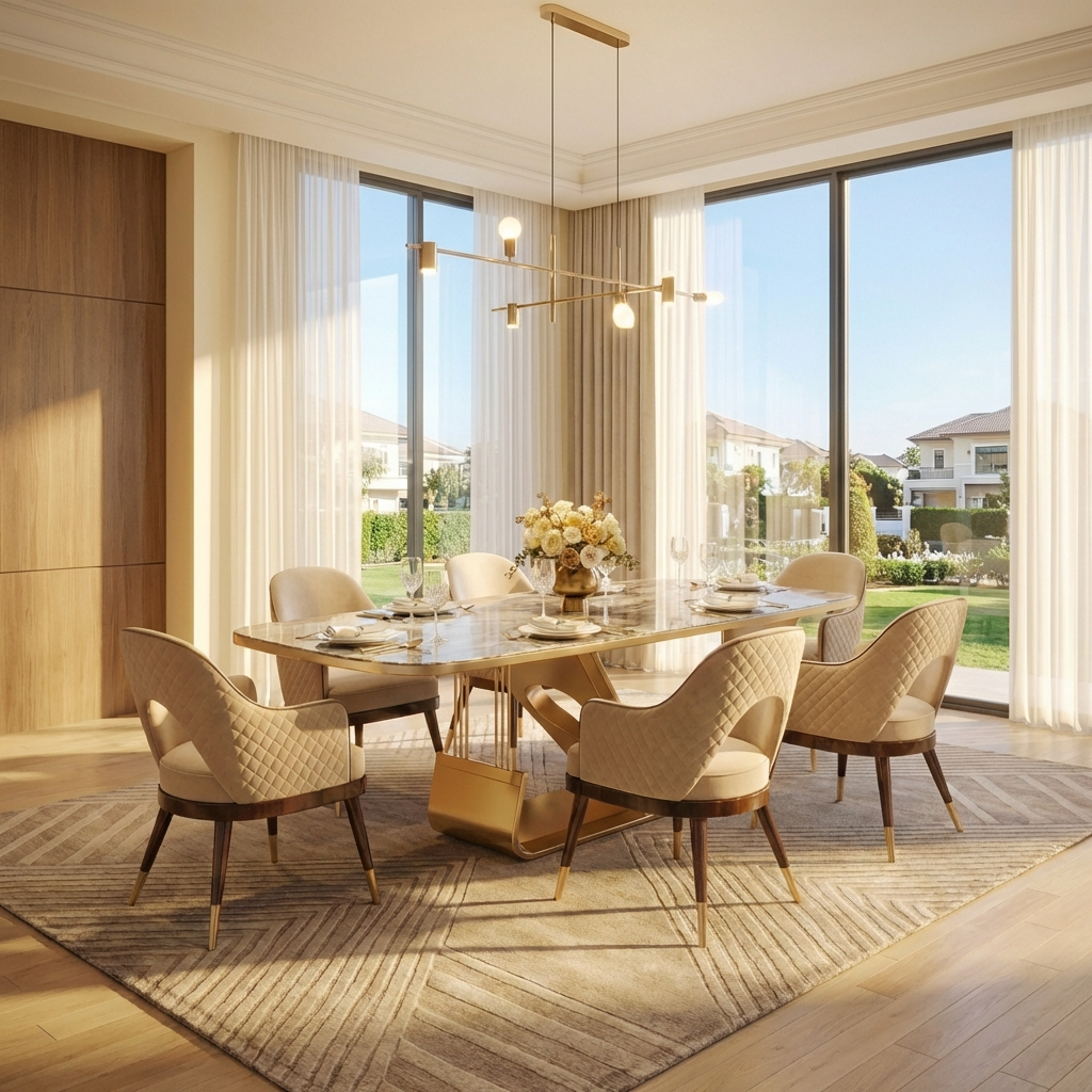 Goldfish 6-Seater Dining Table Set with a marble top, golden stainless steel base, and upholstered dining chairs.