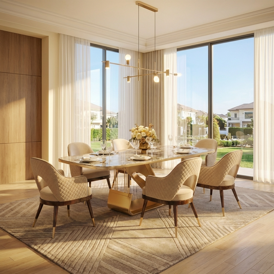 Goldfish 6-Seater Dining Table Set with a marble top, golden stainless steel base, and upholstered dining chairs.