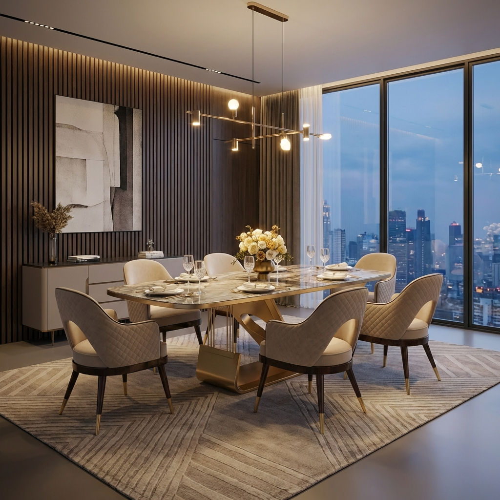 Luxury Goldfish 6-seater dining table with marble tabletop and gold base paired with modern upholstered chairs.