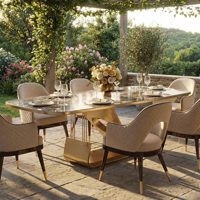 Outdoor dining setup with a luxury marble tabletop dining table and chairs on a stone patio, surrounded by greenery.