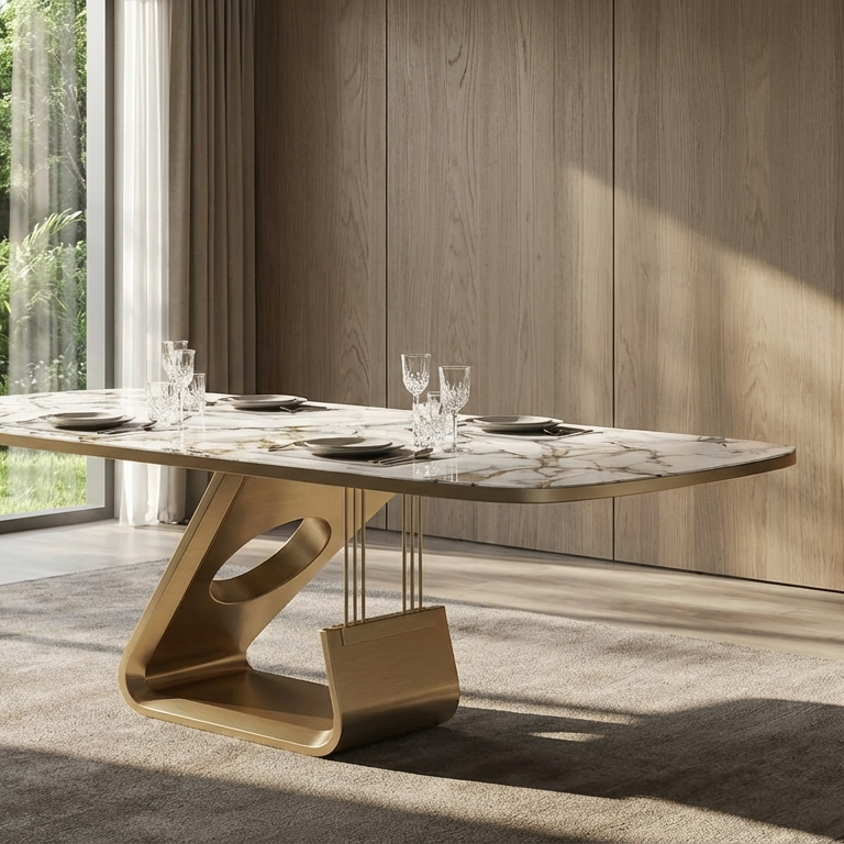 Modern dining table with marble top and gold base in a room with wooden walls and large windows.