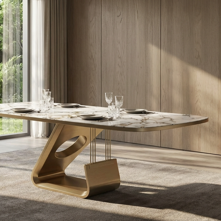 Modern dining table with marble top and gold base in a room with wooden walls and large windows.