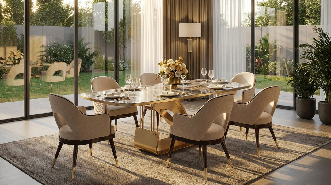 Modern dining room with a marble-top, powder-coated golden finish dining table and premium 6 chairs near large windows.