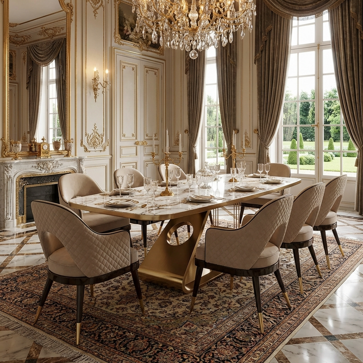 Modern 6-seater dining table set featuring Satuvario marble top and golden base with cushioned chairs.