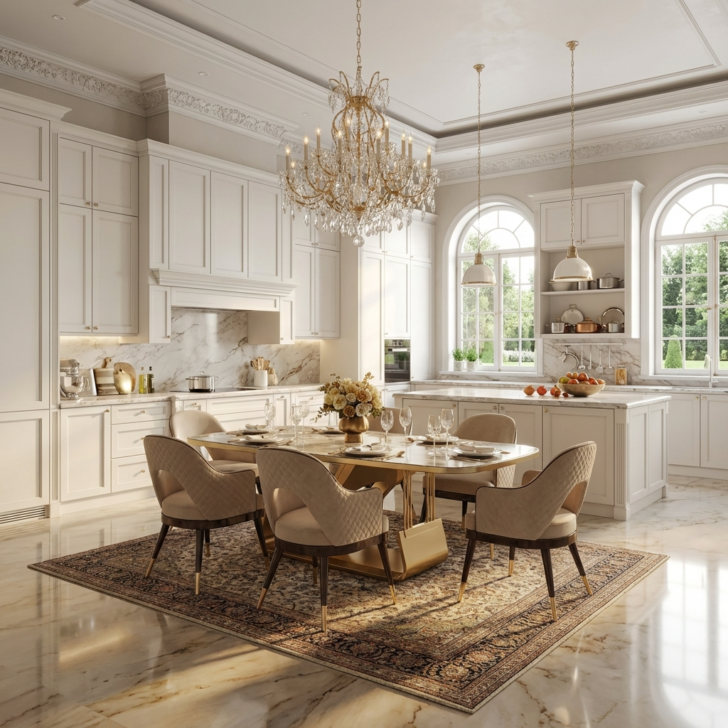Luxurious kitchen with marble countertops, white cabinets, and a 6 seater dining table set with marble tabletop.