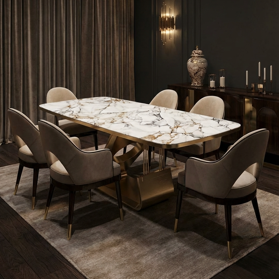Dining room with a marble tabletop with a powder-coated golden finish dining table and chairs in a dimly lit room.