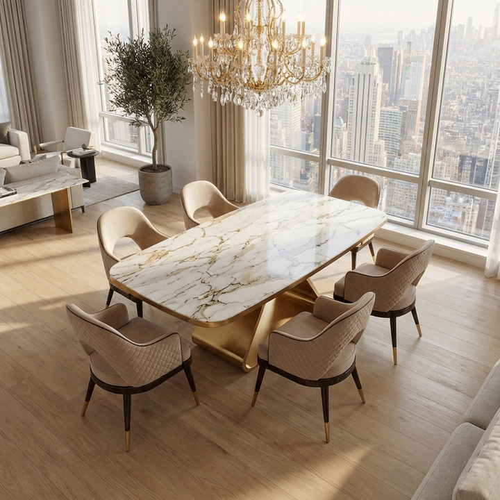 Modern dining room with marble tabletop and powder-coated golden-finish premium dining table and comfortable chairs in a high-rise setting