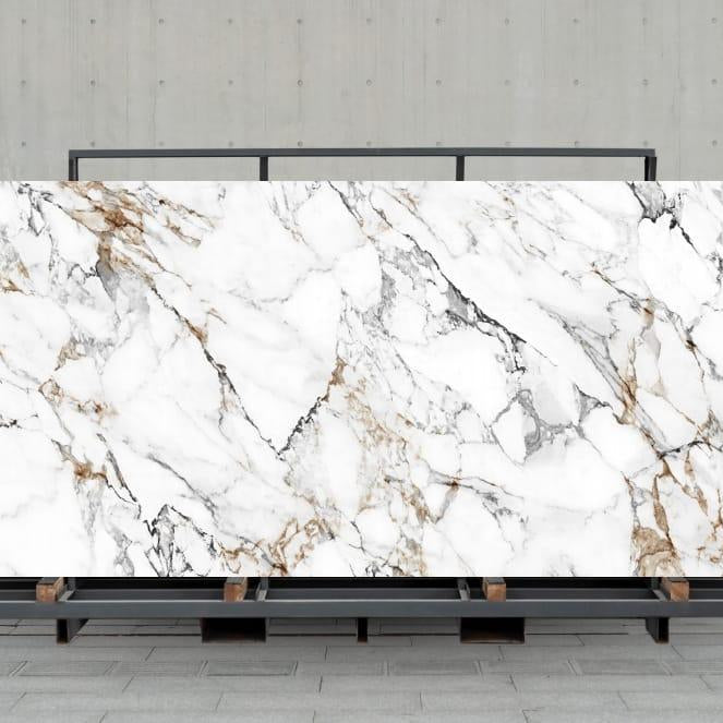 Marble-patterned top with a metal frame on a light grey background