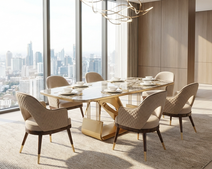 Dining room with a large luxury dining table and premium chairs in front of a cityscape view.