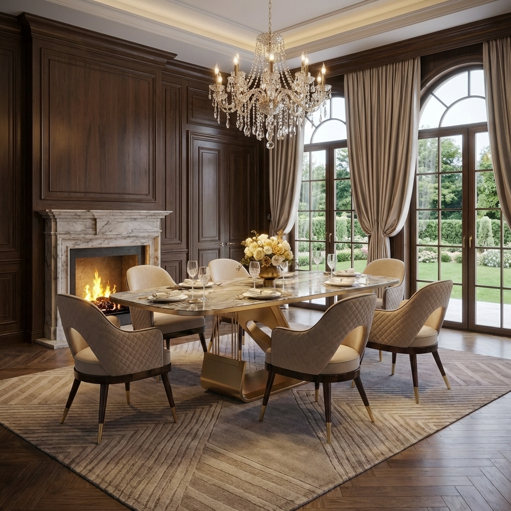 Elegant dining room with satuvario marble top and a stainless steel base with powder-coated golden finish dining table with 6 premium chairs