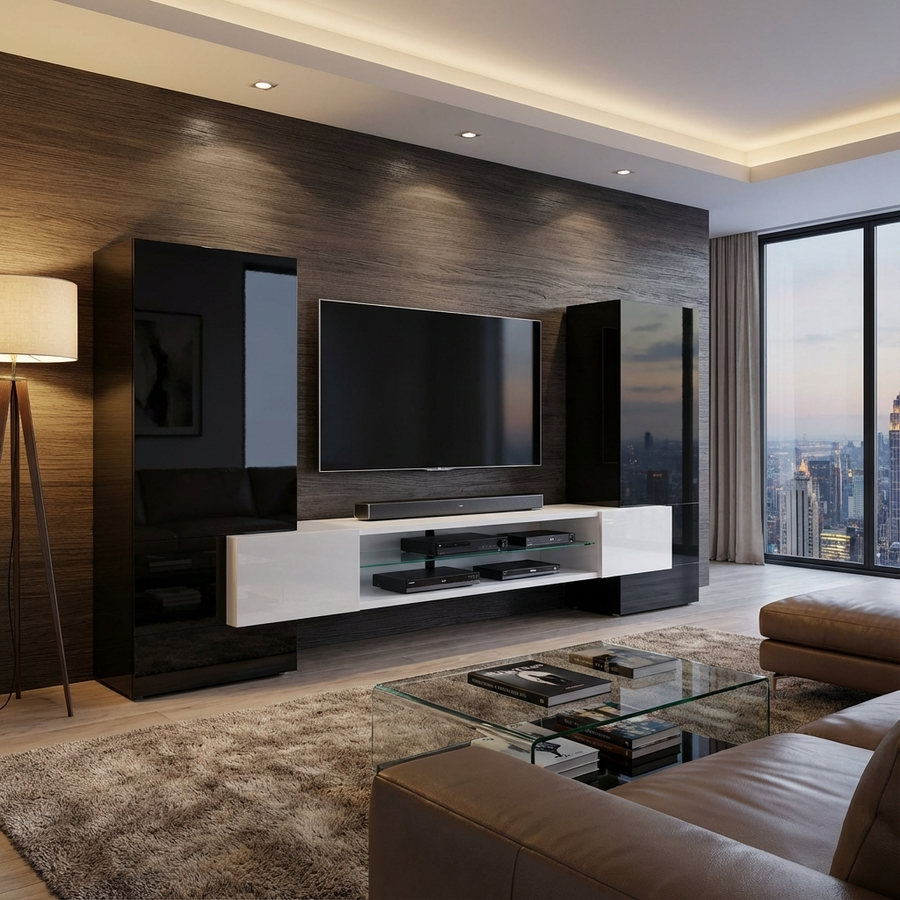 Trendy black and white tv unit set design in a living room