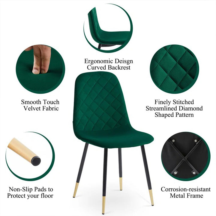 green dining chair with nonslip pads, corrosion-resistant metal frame, finely stitched diamond-shaped pattern crafted from smooth-touch velvet fabric 