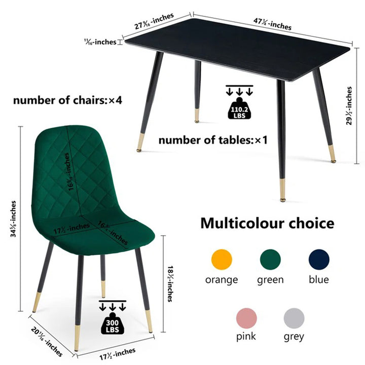 Dimension of green dining chair and black dining table on white background 