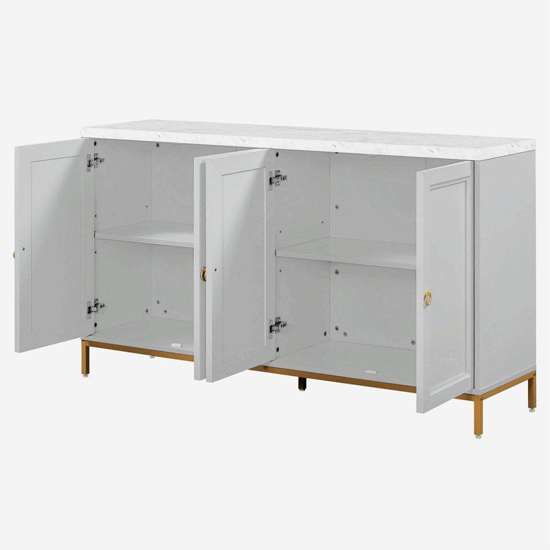 modern cabinet with gold metal base, 4 shutters, and marble top