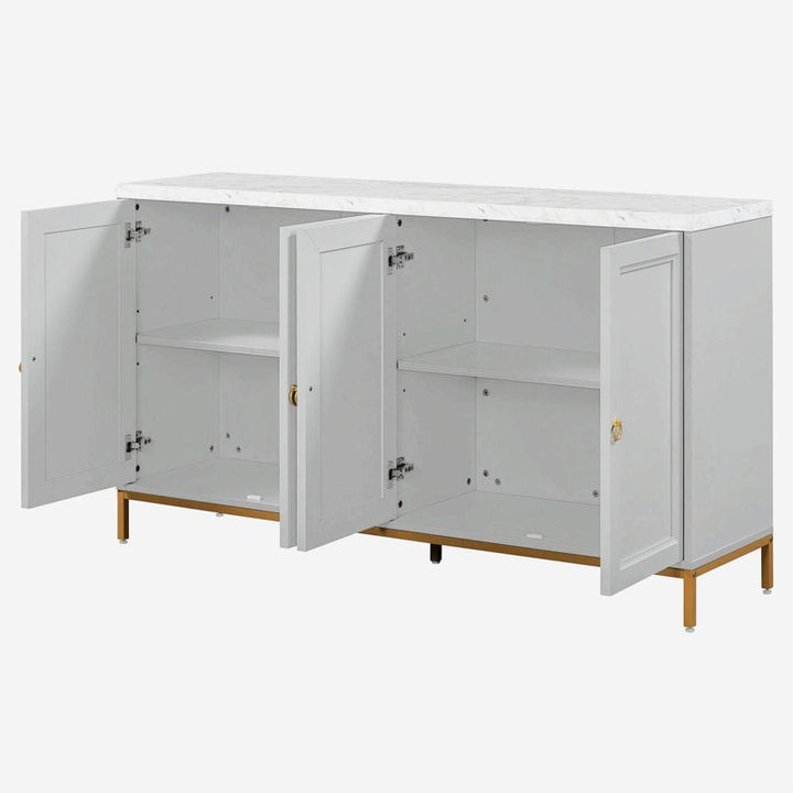 modern cabinet with gold metal base, 4 shutters, and marble top