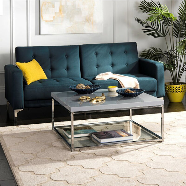 modern grey center table with lower glass shelf