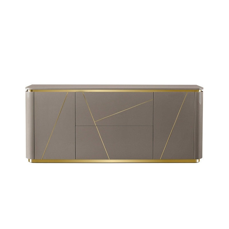Compact grey Vint cabinet featuring two drawers above doors, polished PU finish, and brass-tone base