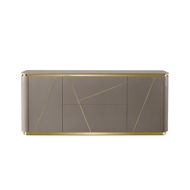 Compact grey Vint cabinet featuring two drawers above doors, polished PU finish, and brass-tone base