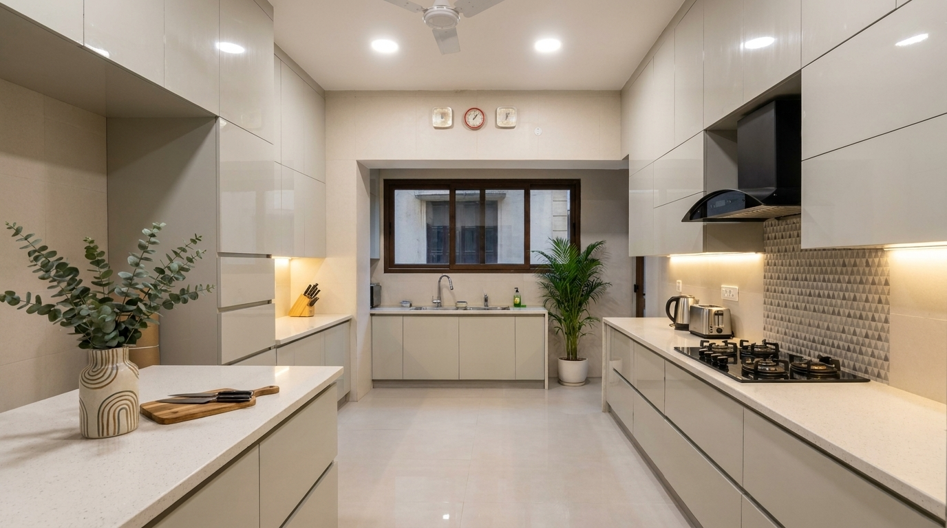 Heera Moti modular kitchen with white cabinets, marble countertops, and stainless steel appliances.