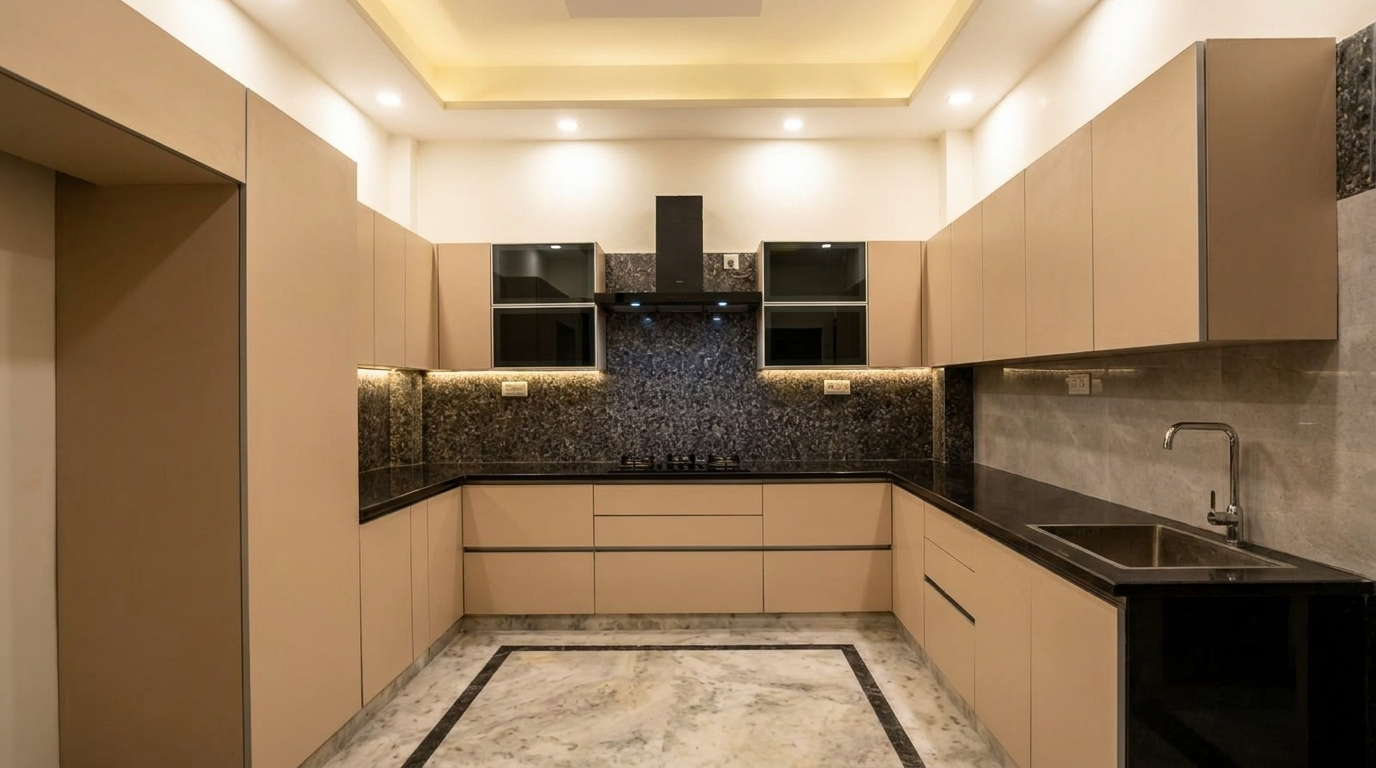 Modern kitchen in gurugram by heera moti with beige cabinets, black countertops, and a marble floor.