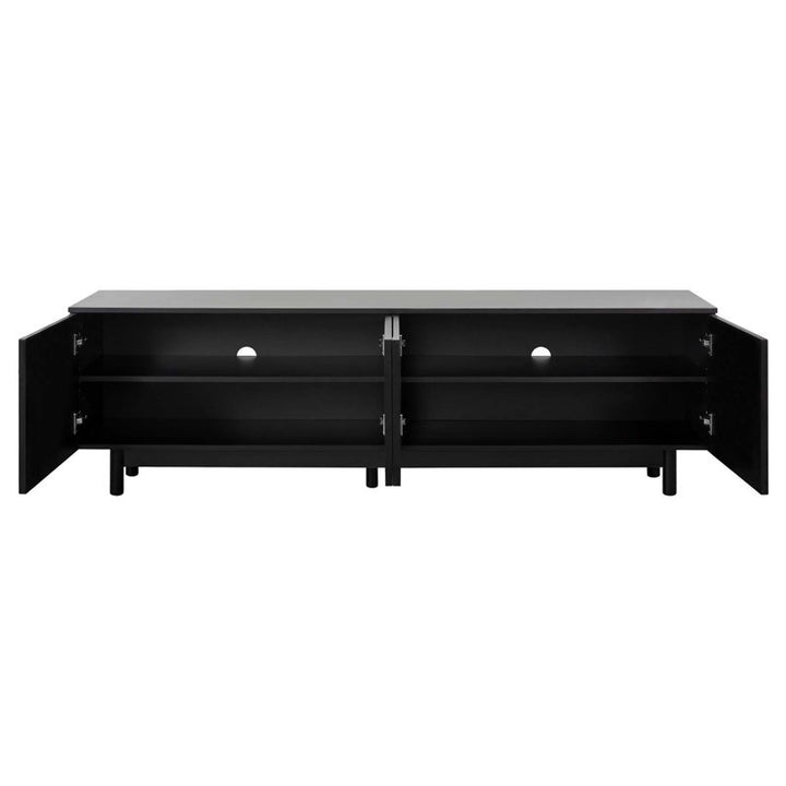 modern black tv unit with open doors in a white background