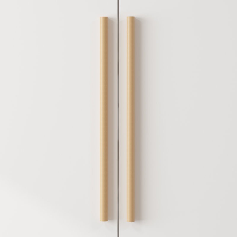 Elegant wooden handles of white 3-door wardrobe