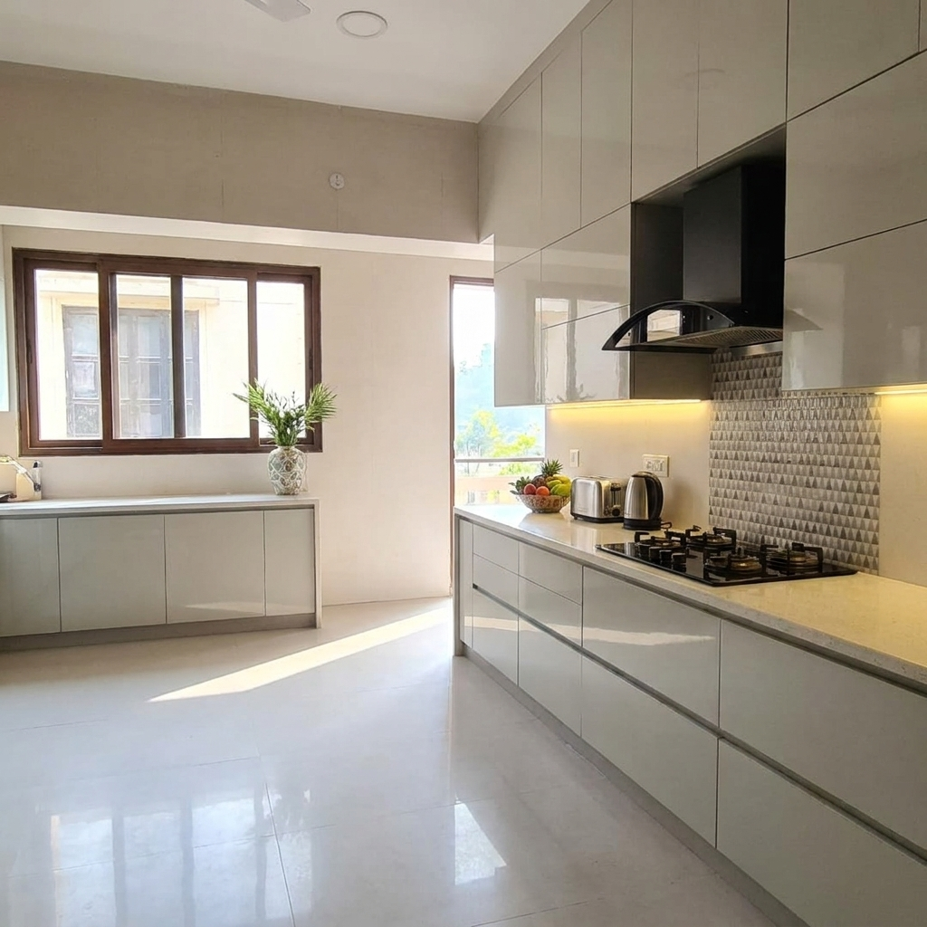 Modular kitchen in gurgaon with white cabinets, a window, and appliances.