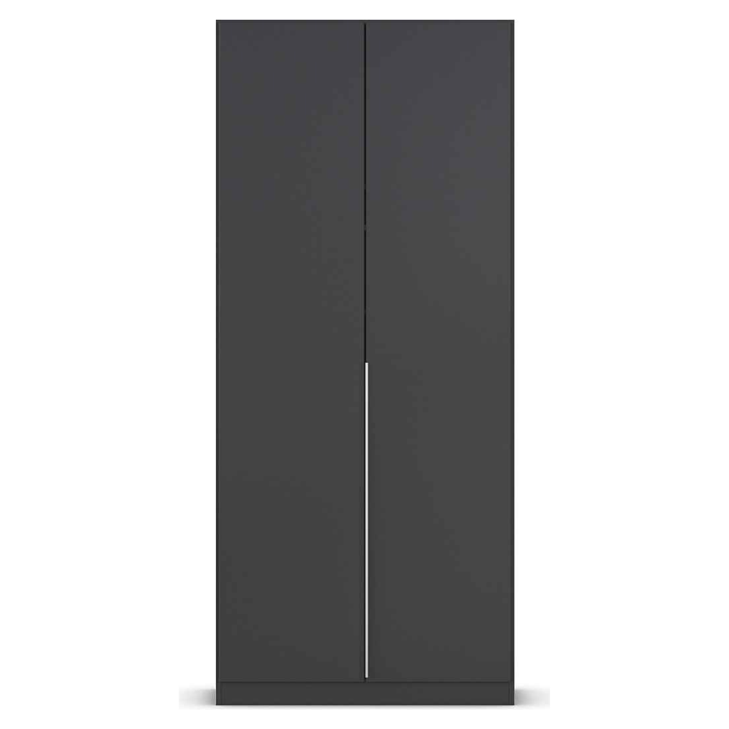 A matte black 2-door wardrobe with a simple minimalist design and integrated handles.