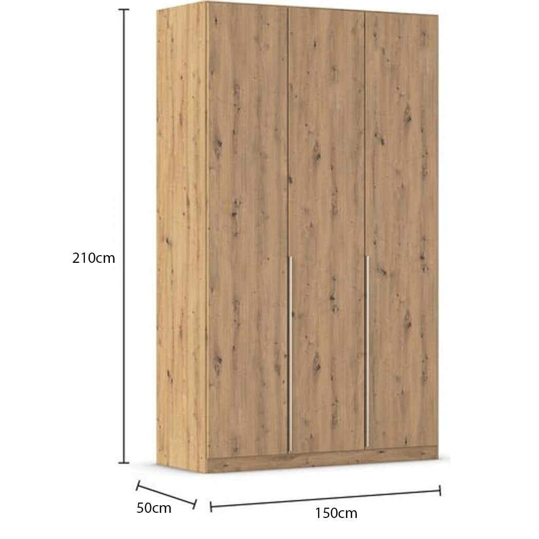 A modern beech 3-door wardrobe gives a wood finish look with dimension on a white background