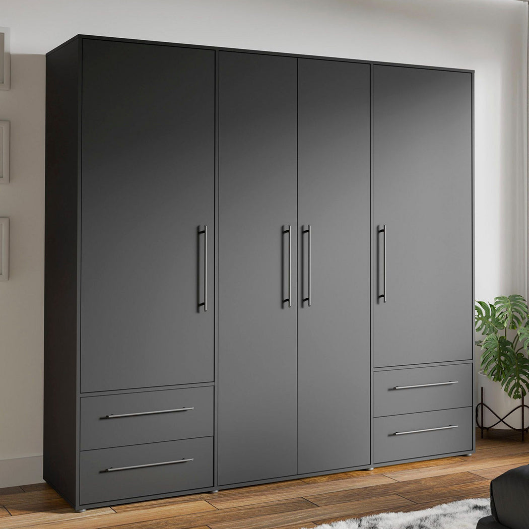 A black matte finish 4 door wardrobe with 4 drawers and 4 shutters, made from pre-laminated MDF board, with visible steel handles and an oval hanging rod inside.