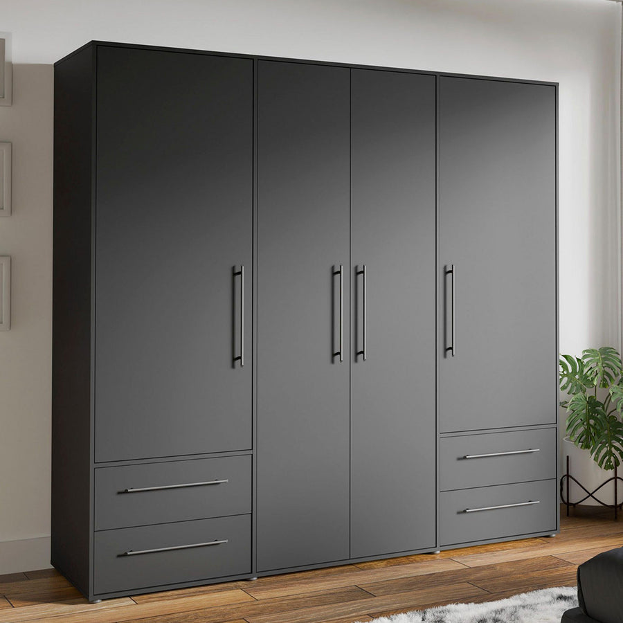 A black matte finish 4 door wardrobe with 4 drawers and 4 shutters, made from pre-laminated MDF board, with visible steel handles and an oval hanging rod inside.
