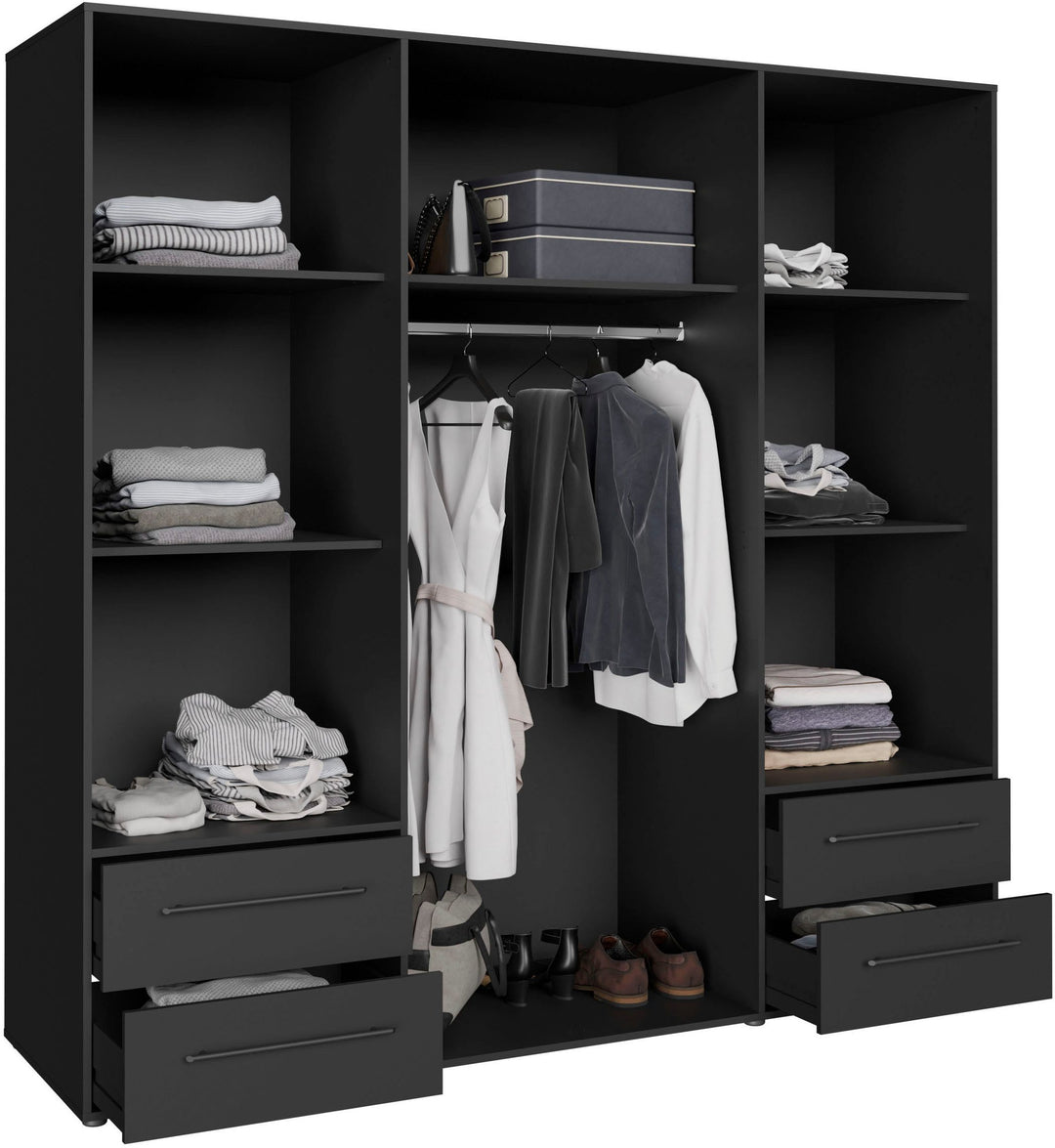 premium black wardrobe design with 7 storage compartment, one oval hanging rod and 4 drawers