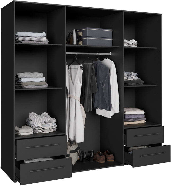 premium black wardrobe design with 7 storage compartment, one oval hanging rod and 4 drawers