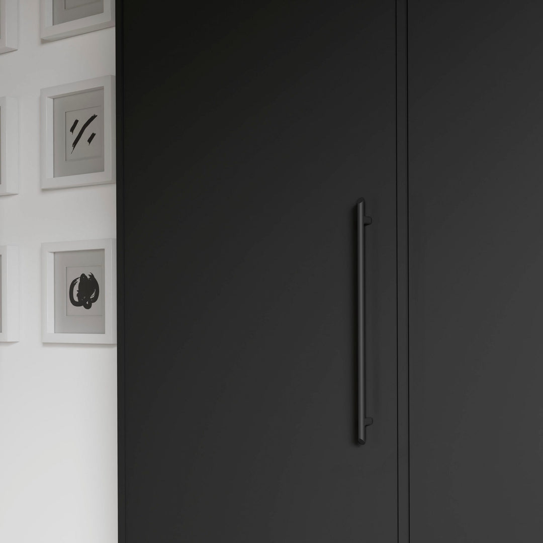 modular black wardrobe with steel handles