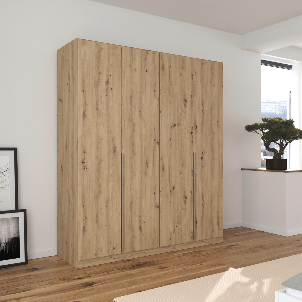 A modern 4-door wardrobe in a beech wood finish with handle-less design, featuring a clean and minimalist aesthetic.