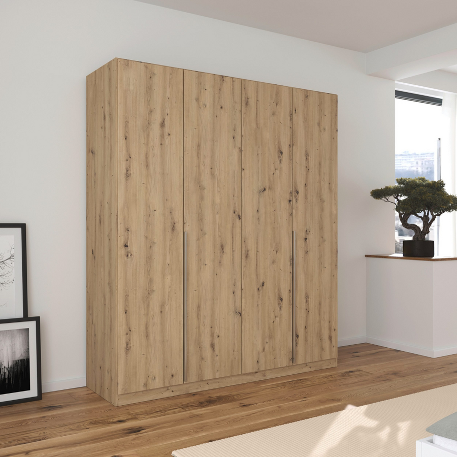 A modern 4-door wardrobe in a beech wood finish with handle-less design, featuring a clean and minimalist aesthetic.