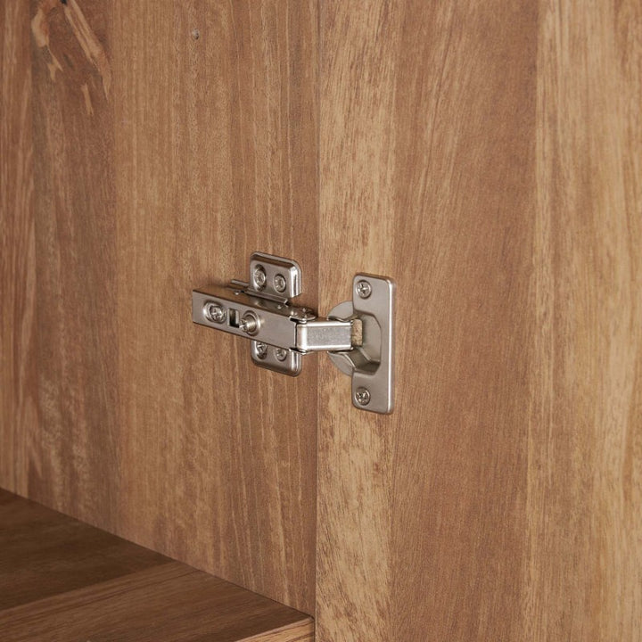 Durable hinge detail inside Denco 4-door wardrobe in beech finish 