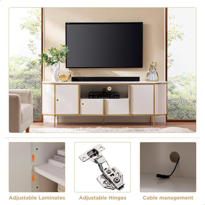 white tv unit features adjustable laminates, adjustable hinges, and cable management