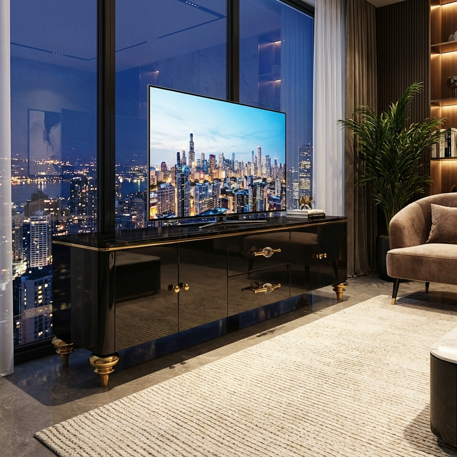 Black luxurious marble-top tv stand in living room with gold accent