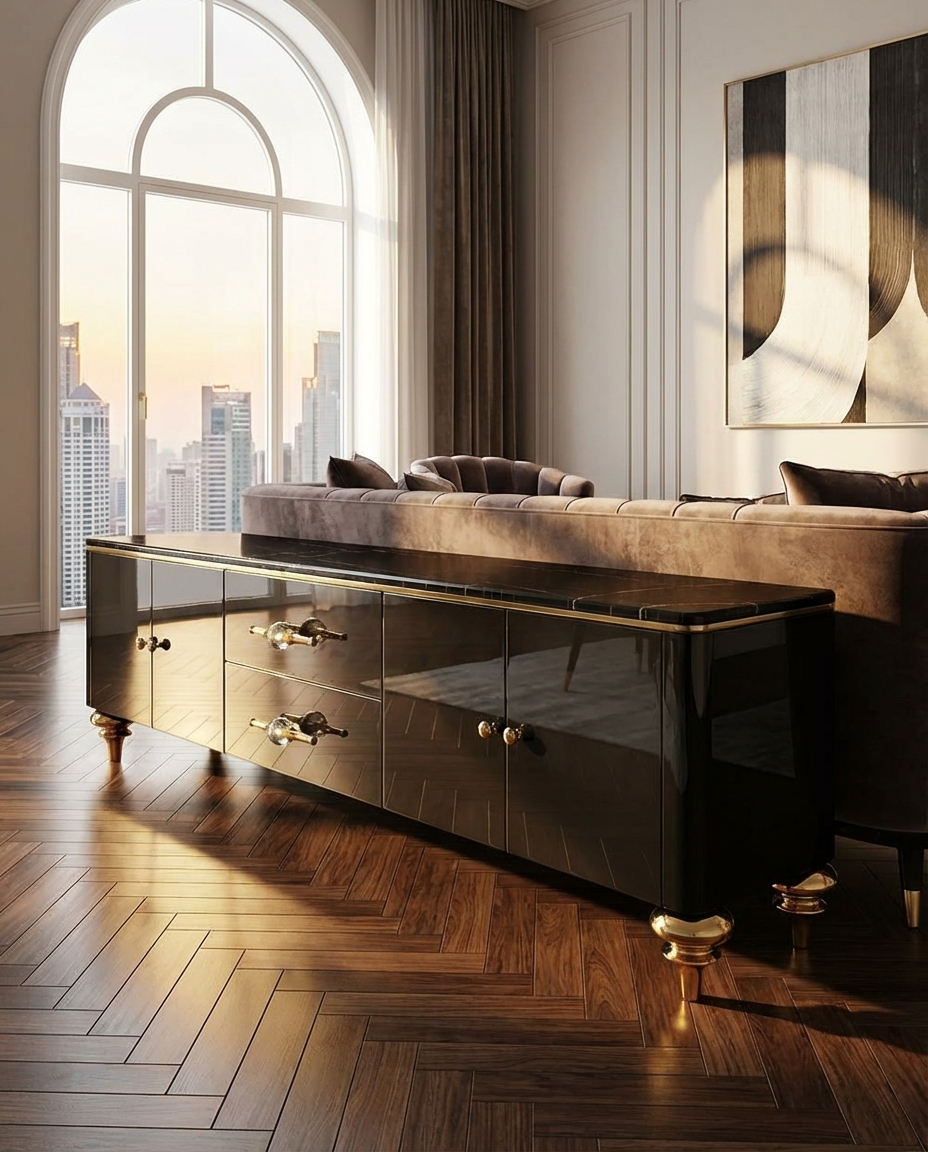 Modern living interior with a black marble top console table and cityscape view