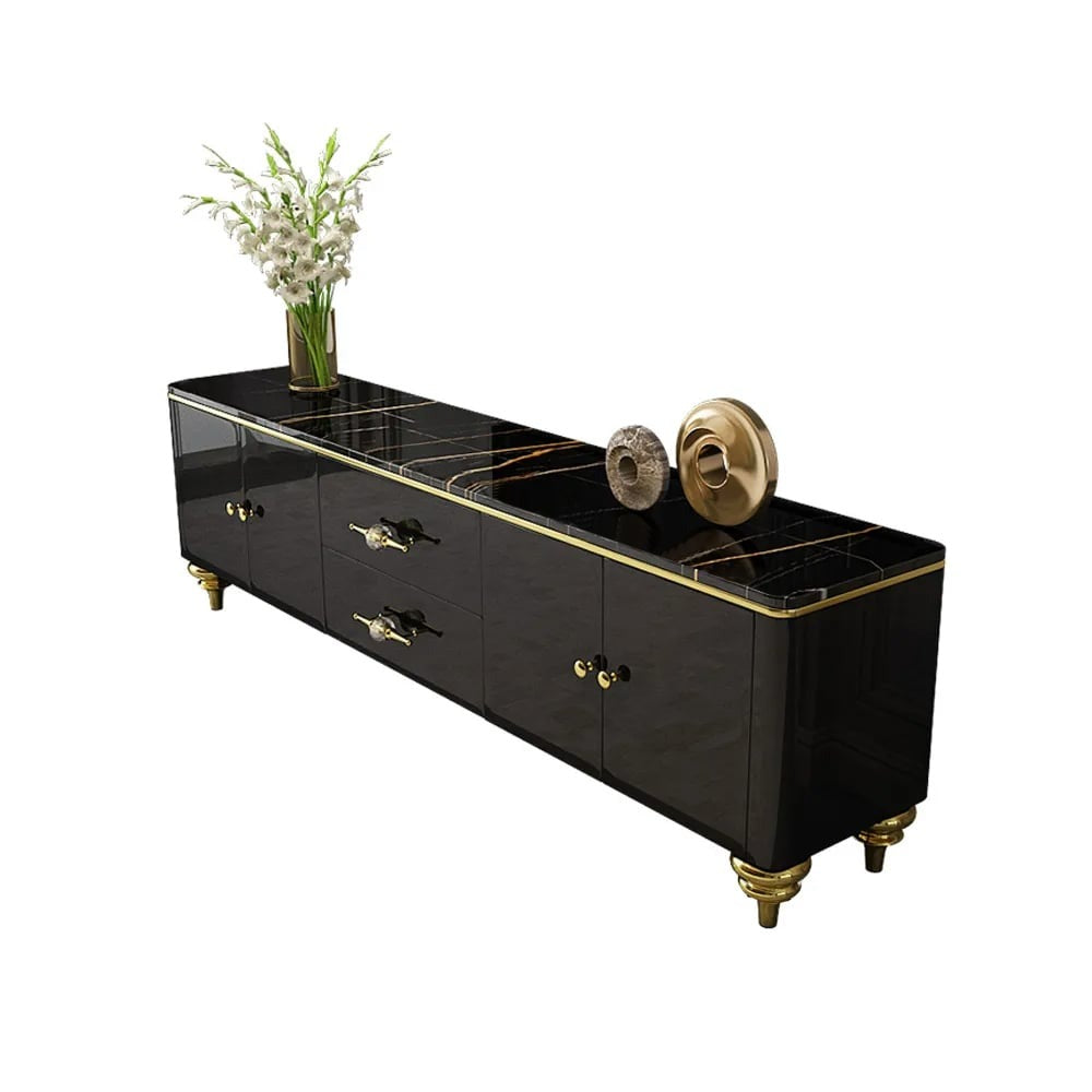 Premium black tv stand with marble top and gold handles and legs in a white background