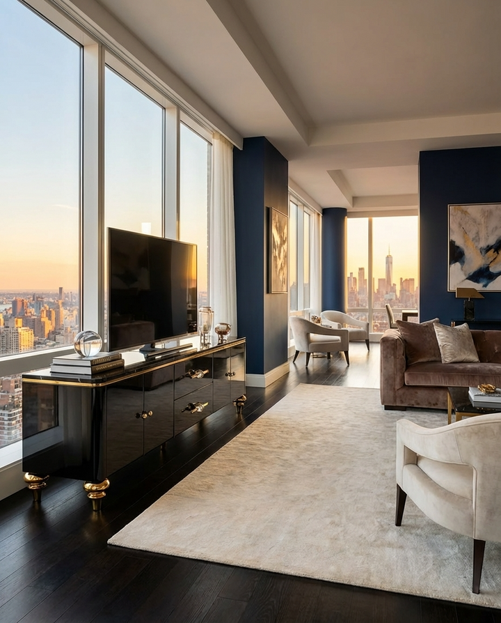 Sleek black tv stand with marble top gold accent in high-gloss PU finish perfect for modern living room and bedroom