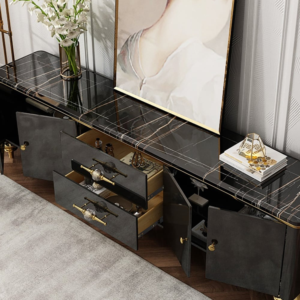 modern high-gloss black pu finish tv unit with 4 doors and 2 drawers for ample storage